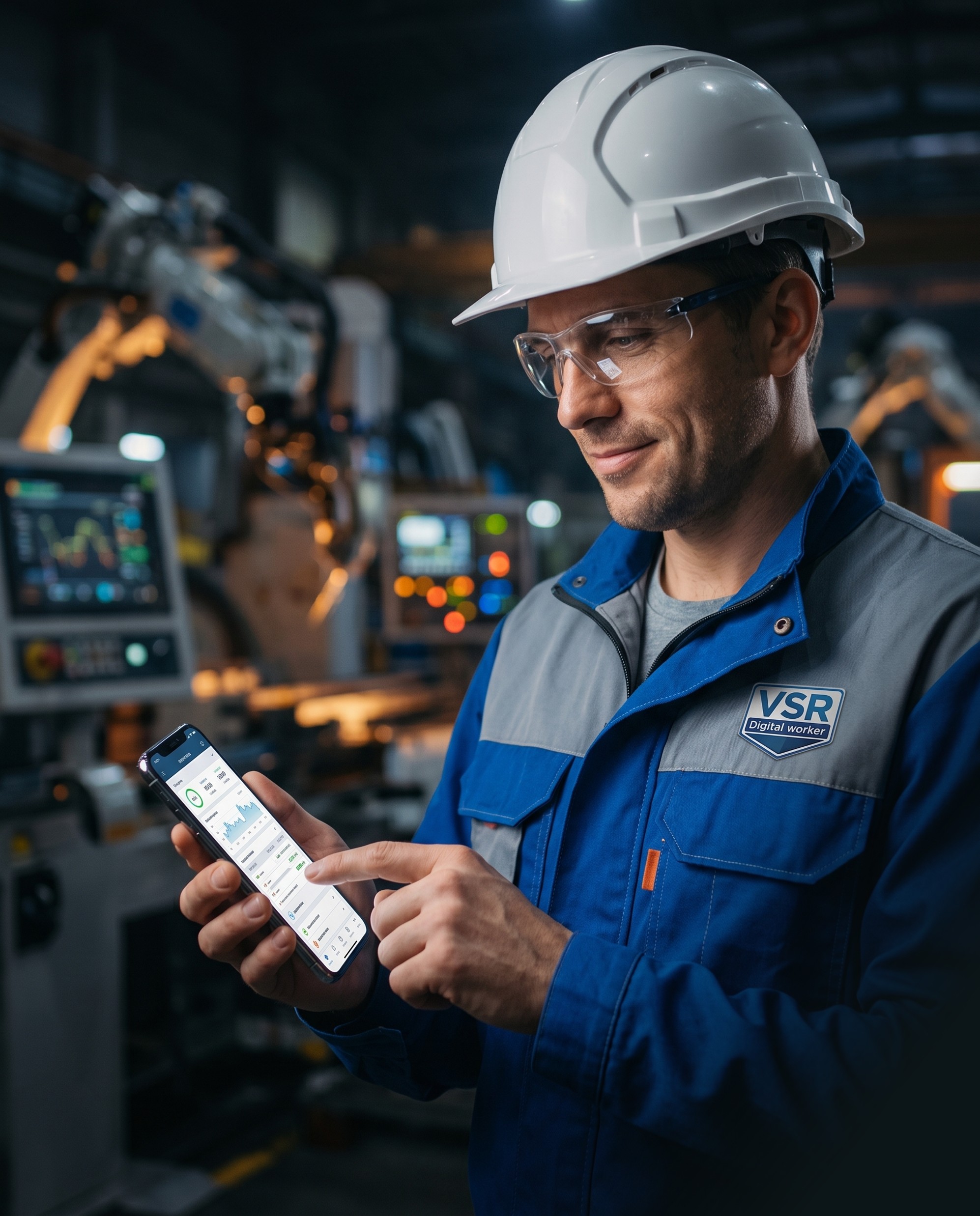Industrial operator reviewing a digital checklist on a tablet on the plant floor
